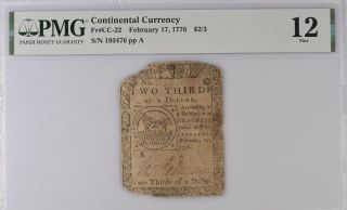 Continental Currency Fr Cc - 22 Feb.  17,  1776 $2/3 Pmg 12 Fugio Note