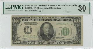 1934a $500 Federal Reserve Note Minneapolis Fr 2202 - I Pmg Vf30