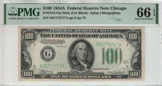 1934 A $100 Federal Reserve Note Chicago Fr.  2153 - Gm Top Pop Pmg Gem Unc 66 Epq