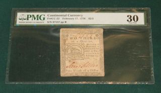 February 17,  1776 Fugio Continental Note Graded Pmg 30 $2/3 Problem Example