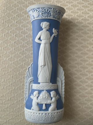 Antique Schafer & Vater 11 Inch Blue White Parian Jasperware Neo Classic Vase