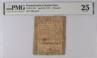 Pennsylvania Colonial Note Fr Pa - 176 April 10,  1775 £5 Pmg 25 Workhouse Note