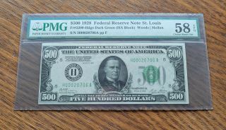 Pmg 1928 Au58 $500 Federal Reserve Note (st.  Louis,  Dark Green,  Fr 2200)