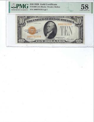 1928 $10 Gold Certificate Fr2400 Pmg 58 Ch Au Woods/mellon,  Minor Rust