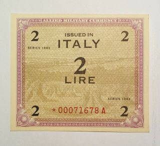Allied Military Currency Series 1943 Italy 2 Lire Replacement Note Unc