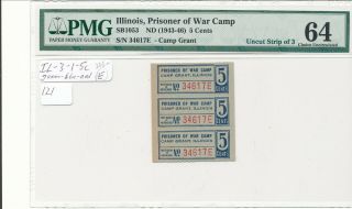 Usa Wwii Pow Camp Chits Il - 3 - 1 - 5c Grant Il 5 Cent Pmg64 Strip Of 3 Prisoners War