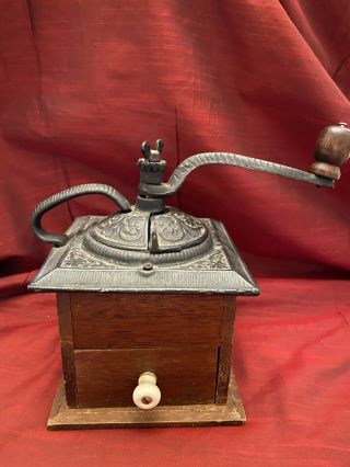 Antique Coffee Grinder Cast Iron And Wood Hand Crank Mill Box
