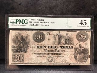 1839 $20 Republic Of Texas Austin 1839 - 41 Pmg Xf 45 Cross Cut Cancelled