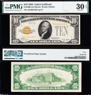 Awesome Crisp Choice Vf,  1928 $10 Gold Certificate Pmg 30 Epq 4186