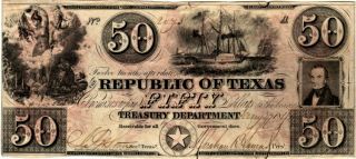 1840 $50 Republic Of Texas Note - Treasury Department Cut Cancelled - Scarce Note