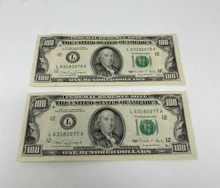 1990 Federal Reserve One Hundred Dollar Bills.  $100.  2 Consecutive (l) Bills