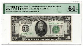 1928 $20 St.  Louis Federal Reserve Note Fr 2050 - H Pmg Chcu 64 Epq Y00007698