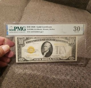 1928 $10 Gold Certificate - Pmg 30 Epq - Fr 2400 (aa Block)