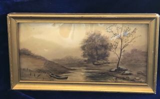 Small Signed Late 1890’s Antique Watercolor Painting Landscape Gold Wood Frame