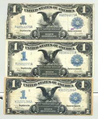 3x $1 Series 1899 Black Eagle Silver Certificates Condition; Minor Defects