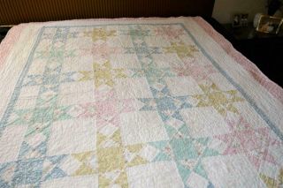 Vintage Handmade Hand Pieced Feedsack Hour Glass Block Quilt 80 " By 65 "