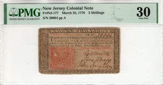March 25 1776 Jersey Colonial Note 3 Shilling Nj - 177 Pmg Very Fine Vf 30