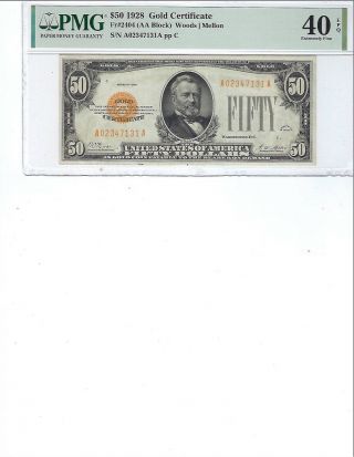 1928 $50 Gold Certificate Fr2404 Pmg 40 Xf Epq Woods/mellon,