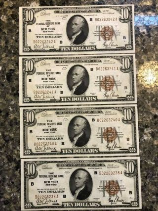 $10 1929 York Ny National Currency Consecutive Bank Notes Bills