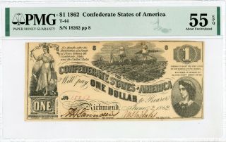 1862 T - 44 $1 The Confederate States Of America Note - Civil War Era Pmg 55 Epq