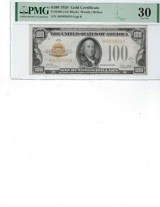 1928 $100 Gold Certificate Fr2405 Pmg 30 Vf Woods/mellon,