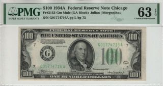 1934 A $100 Federal Reserve Note Chicago Fr.  2153 - Gm Mule Pmg Choice Unc 63 Epq