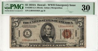 1934 A $5 Federal Reserve Note Hawaii Fr.  2302 Pmg Very Fine Vf 30 Fancy Serial