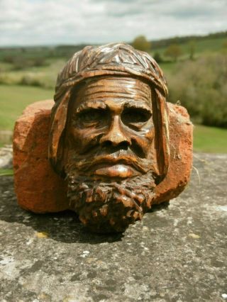 Antique 19thc Oak Carved Moorish Male Head With Beard