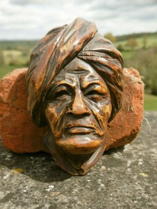 Antique 19thc Oak Carved Moorish Male Head With Turban
