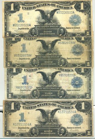 Four $1 Series 1899 Black Eagle Silver Certificates Friedberg 230,  233,  235,  236