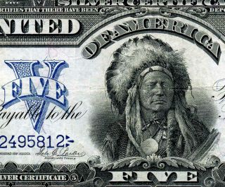 Hgr Sunday 1899 $5 Indian Chief ( (gorgeous Artwork))  Lightly Circulated