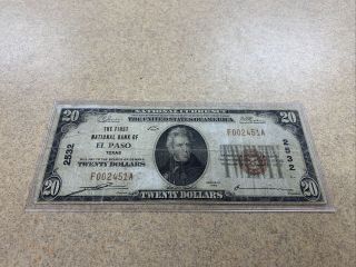 1929 $20 The First National Bank Of El Paso Texas