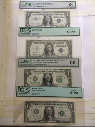 1935h - 1957a - 1977 - 1088a $1 Dollar Low Serial Number Pmg - Pcgs 66 - 63 - 58 4 Notes