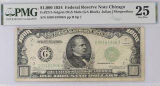 1934 Chicago $1000 One Thousand Dollar Bill Federal Reserve Note Mule 500 Pmg 25