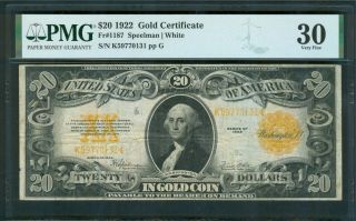$20 Gold Certificate Series 1922,  Pmg Very Fine 30