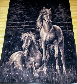 Vintage Biederlack Large Blanket Horses Mare Foal Size 55 " X 75 " Reversible