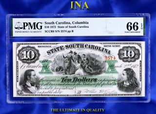 State Of South Carolina 1872 $10 Currency Gem Unc Pmg 66 Epq Perfect Margins