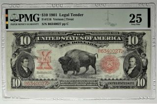 Fr.  116 1901 $10 Bison Buffalo Legal Tender Note Pmg Vf 25 No Problems
