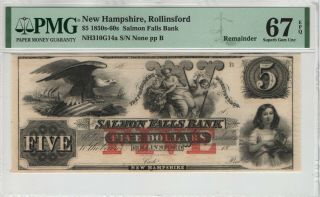 1850 $5 Salmon Falls Bank Rollinsford Hampshire Obsolete Remainder Pmg 67 Q