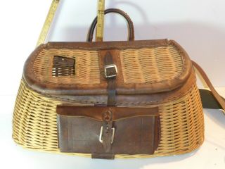Vintage Wicker And Leather Fishing Creel Basket W/ Ruler British Hong Kong