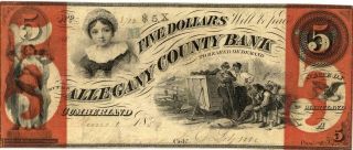 Maryland Allegany County Bank $5 Dollars Obsolete Currency 1859