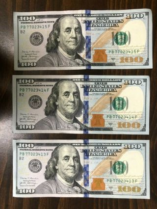 3 Uncirculated $100 One Hundred Dollar Bills In Sequential Order