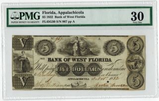1832 Appalachicola Bank Of West Florida $5 Obsolete Currency Pmg30