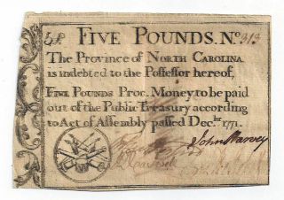 1771 The Province Of North Carolina Five Pound Colonial Currency No.  313