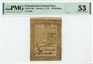 (pa - 169) October 1,  1773 20 Shillings Pennsylvania Colonial Note - Pmg Au 53