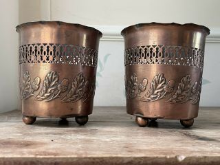 Pair Antique Sankey & Sons Acorn Oak Leaf Copper Planter Vase Art Nouveau C1900