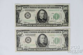 2 1934 - A $500 Frn B00403706a B00324668a 2 Us Currency Notes $1000 21329