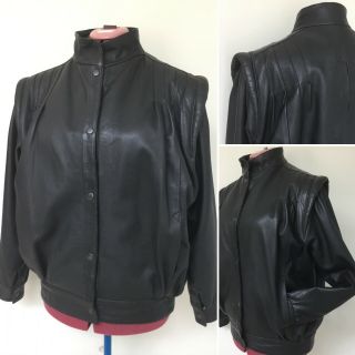 Vintage 80s Leather Jacket Size M (14 - 16) Black Bomber Pleated Shoulder Pads