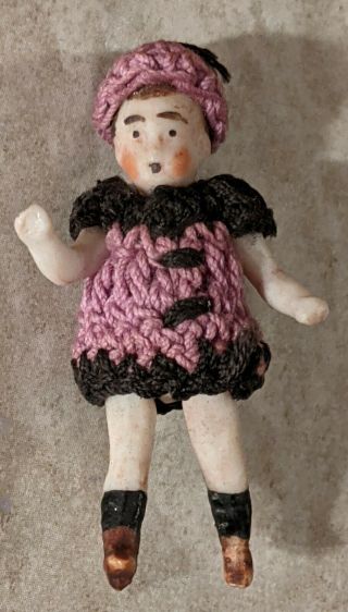 3 Antique Bisque Hertwig Carl Horn 1 1/2 Doll Crochet Purple & Black Dress Hat