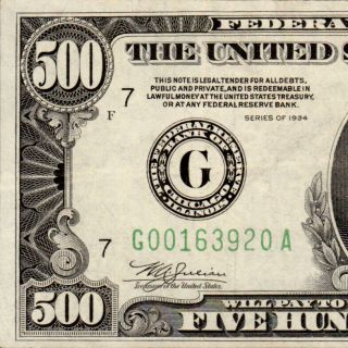 Gorgeous Chicago 1934 $500 Five Hundred Dollar Bill 1000 Fr.  2202 G00163920a